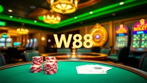 Tương tác với liên kết truy cập W88 trong không gian casino đầy sống động với chip poker và bánh xe roulette.