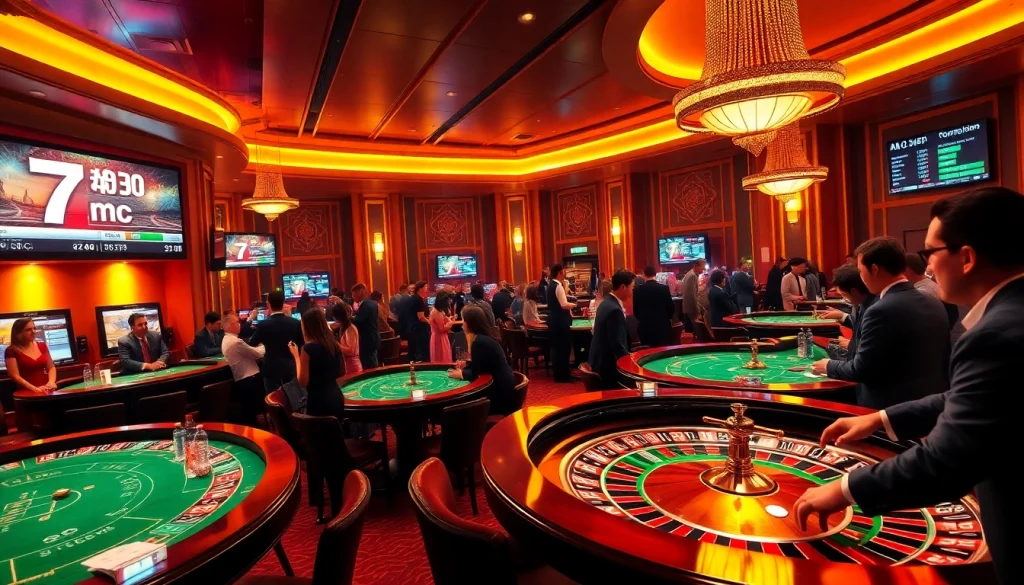 Players engaged in sports betting at a luxurious casino featuring the 7m cn logo.