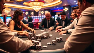 8KBET poker table scene showcasing enthusiastic players and vibrant casino atmosphere.