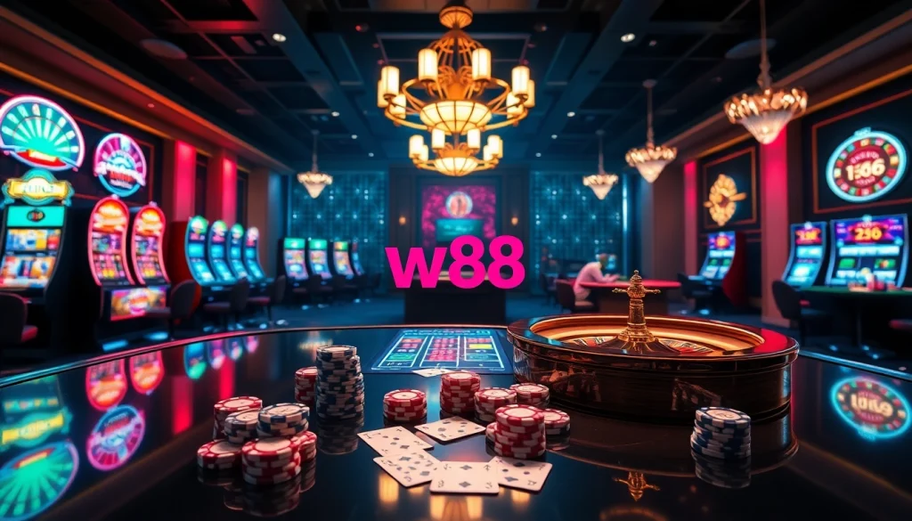 Engaging scene of a casino showcasing betting activities, highlighting link to w88 for immersive excitement.
