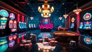 Engaging scene of a casino showcasing betting activities, highlighting link to w88 for immersive excitement.
