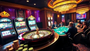 Experience the excitement of online gambling at https://rr88.gratis/ with vibrant slot machines and a roulette wheel in a luxurious casino setting.
