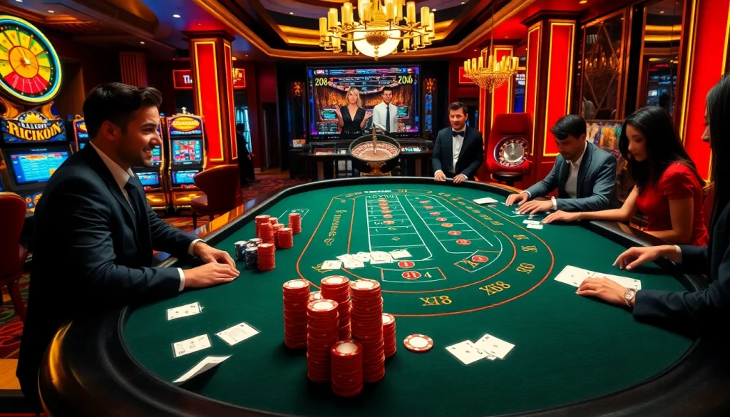 Engage in intense baccarat gameplay at XX88 with vibrant casino elements and stylish players.