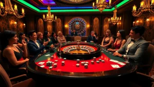 Players enjoying exhilarating games at thabet's luxurious casino table, showcasing poker chips and a roulette wheel.