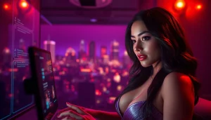 Engaging scene of a sex chat AI interface showcasing alluring characters and vibrant digital elements.