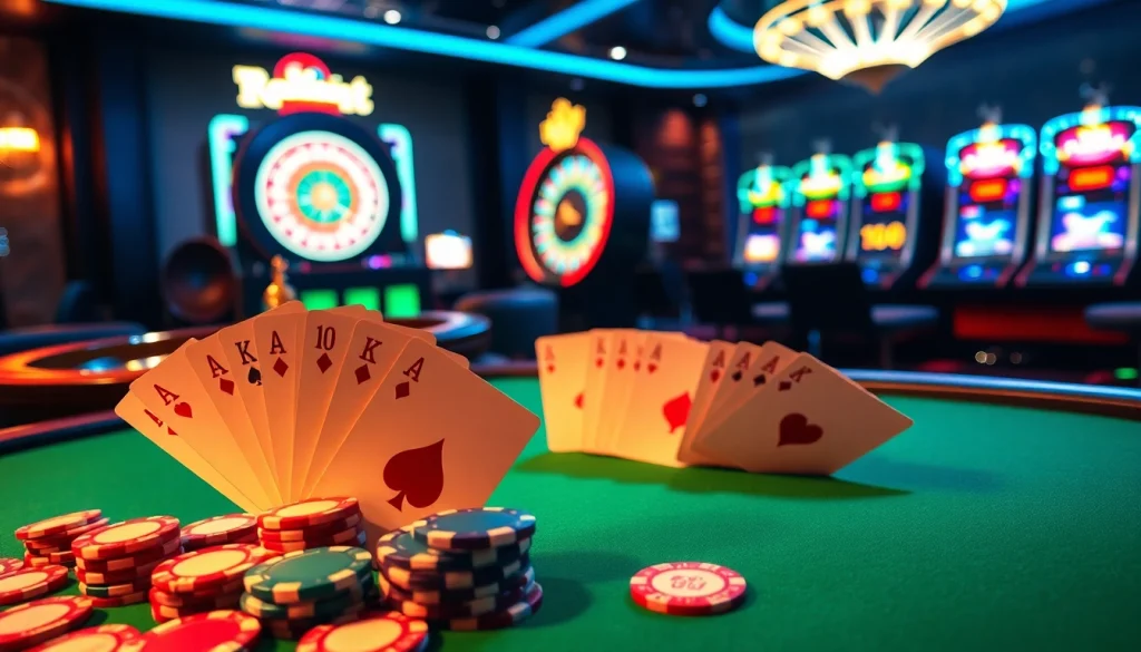 A vibrant casino scene showcasing high-stakes gaming at https://www.6rwin33.com/ with poker chips, cards, and a roulette wheel.