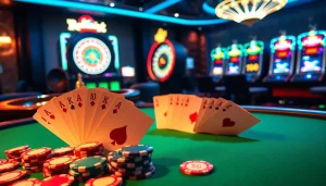 A vibrant casino scene showcasing high-stakes gaming at https://www.6rwin33.com/ with poker chips, cards, and a roulette wheel.