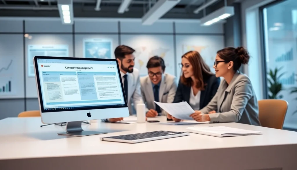 Team engaged in Contract Management processes using innovative software tools in a modern office.