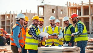 Construction workers representing the southern california contractors association collaborating on-site.