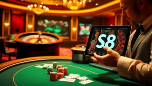 S8 casino scene with poker chips and cards on a luxury table.