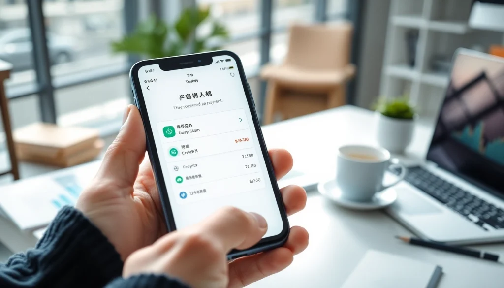 현대적인 업무 공간에서 스마트폰 화면에 표시된 효율적인 소액결제 프로세스