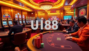 Players enjoying high-stakes poker at UU88 casino, surrounded by luxurious decor and vibrant atmosphere.