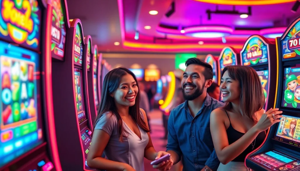 Kode4d slot games in a vibrant online casino setting, showcasing exciting gameplay and happy players.