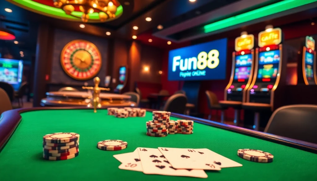 Enjoying a thrilling casino experience with the Fun88 link prominently displayed in a luxurious poker setting.