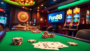 Enjoying a thrilling casino experience with the Fun88 link prominently displayed in a luxurious poker setting.