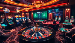 Experience the thrill of trực tiếp bóng đá VanKhanhTV in a vibrant, luxurious casino setting with poker and roulette.