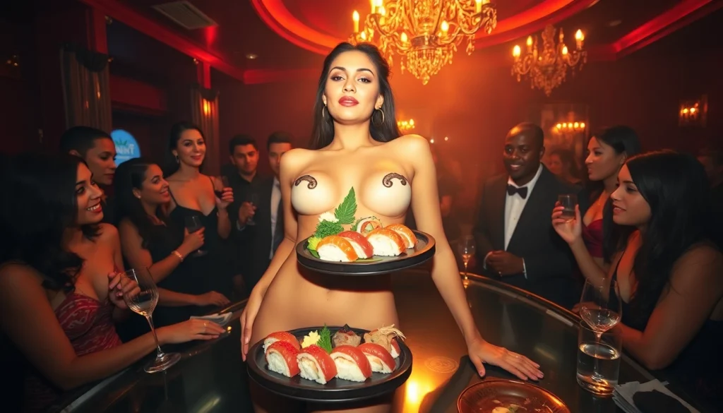 Body sushi experience at Club Noir with a model as a sushi platter, showcasing luxury and nightlife.