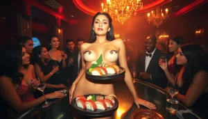 Body sushi experience at Club Noir with a model as a sushi platter, showcasing luxury and nightlife.