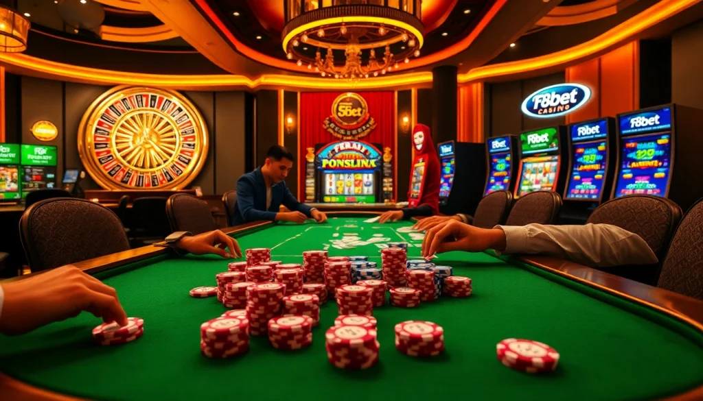 F8bet poker scene with vibrant chips and cards in a luxurious casino setting