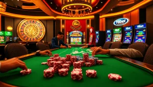 F8bet poker scene with vibrant chips and cards in a luxurious casino setting