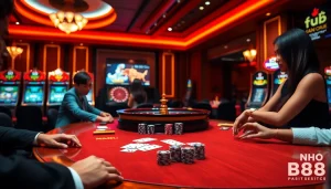 nh88 players enjoying a thrilling casino experience at an upscale poker table with vibrant elements.