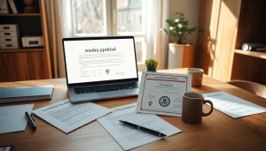 Soudní překlad process in a professional translator's workspace with documents and a translation certificate.
