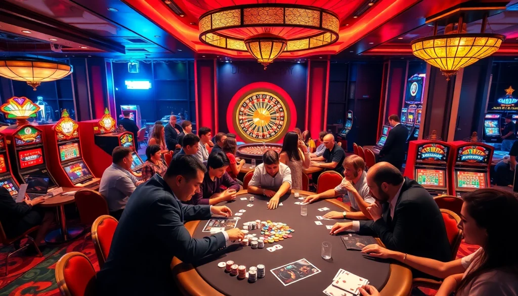 Engaging casino scene at https:/sc88.bz/ with players enjoying poker and vibrant slot machines.