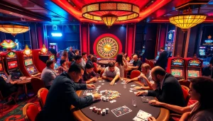 Engaging casino scene at https:/sc88.bz/ with players enjoying poker and vibrant slot machines.