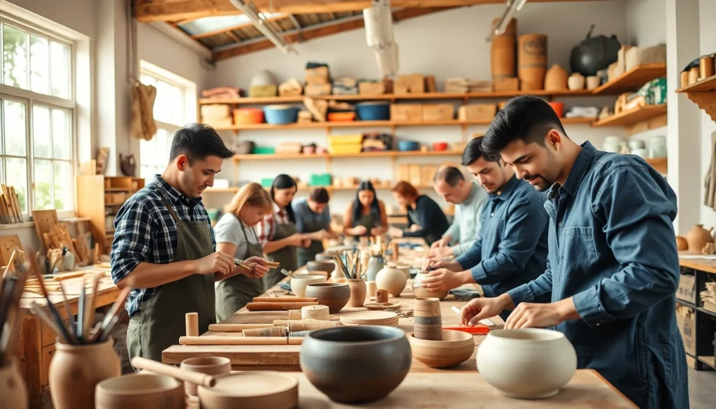 Engaged trainees experiencing craft training programs in a vibrant workshop atmosphere.