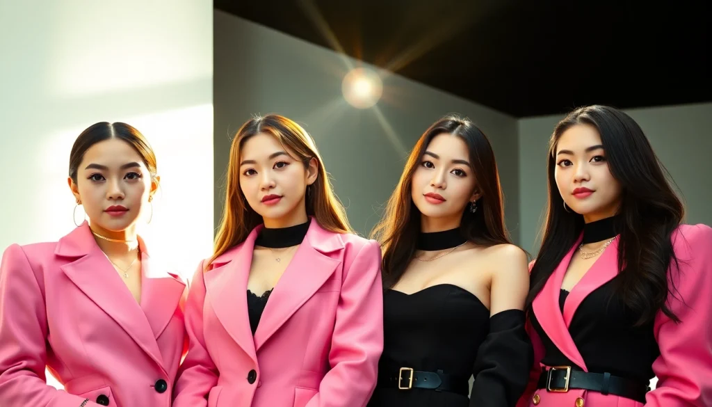 Four blackpink members showcasing glamorous styles and vibrant expressions in an elegant setting.