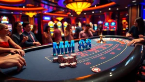 Experience the excitement of MM 88 with a vibrant casino scene featuring engaging blackjack and roulette games.