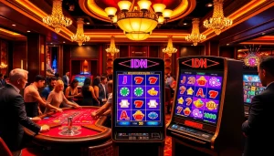 Catching the thrilling moment at an IDN Slot machine in a luxurious casino with engaged players.
