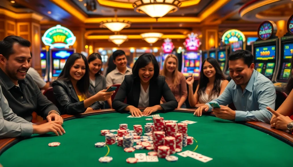 Engage in thrilling gambling at a casino showcasing link CM88 with vibrant poker tables and slot machines.