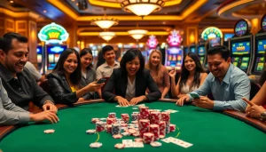 Engage in thrilling gambling at a casino showcasing link CM88 with vibrant poker tables and slot machines.