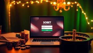 Engaging sbobet login experience on a sleek laptop surrounded by betting elements.