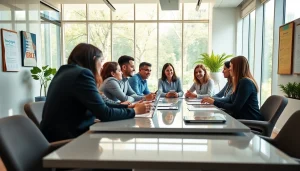 Engaging business coaching service session in a modern office, highlighting collaboration and growth.