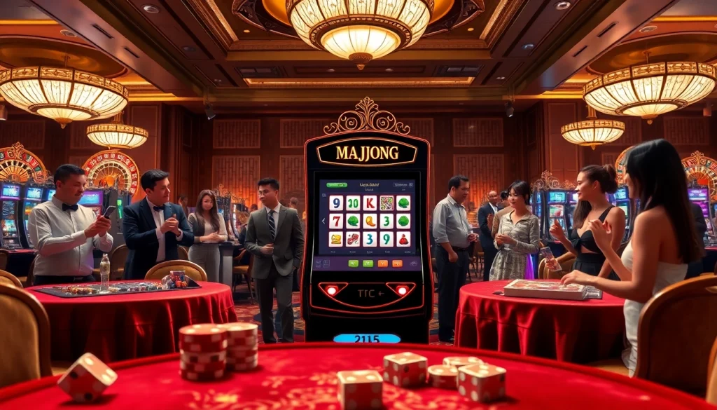 Engaging players enjoying a slot demo mahjong experience in a luxurious casino setting.