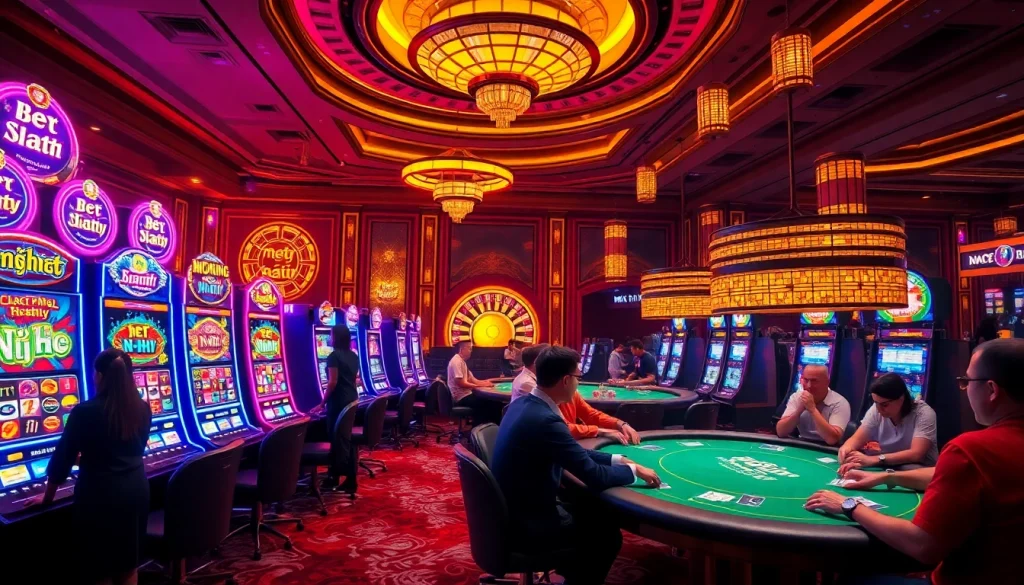 Players enjoying vibrant nổ hũ slot machines at a luxury casino, showcasing excitement and anticipation.