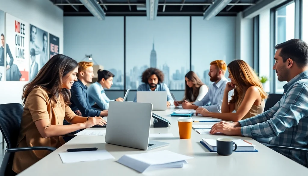 Engaged team working at a modern typing center with a bright and collaborative atmosphere.