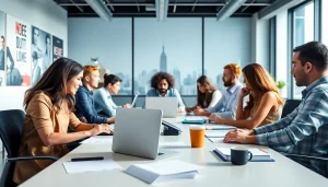 Engaged team working at a modern typing center with a bright and collaborative atmosphere.