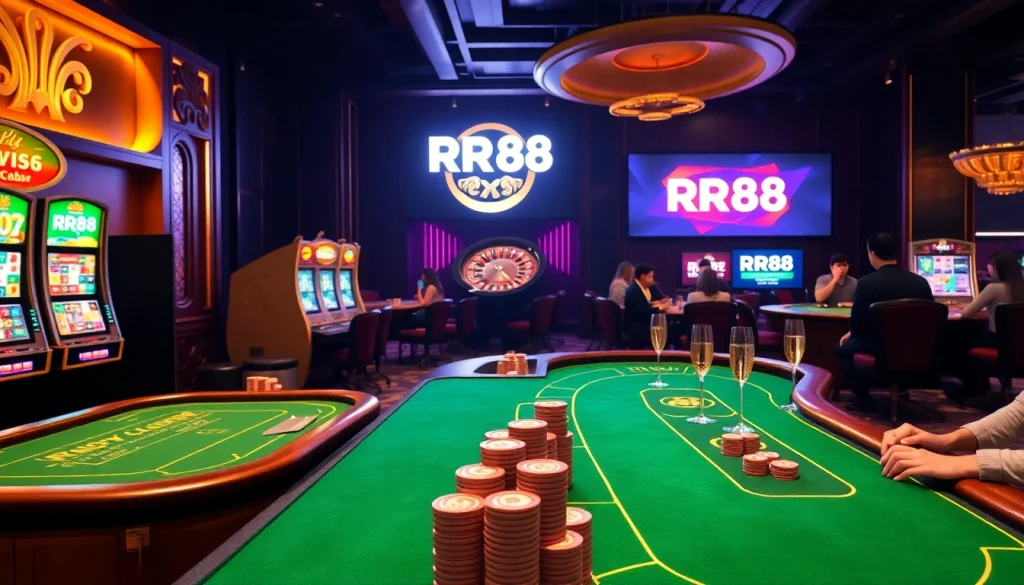 Experience thrilling gameplay at RR88’s luxurious casino with colorful slot machines and excited players.