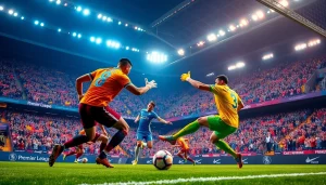 Dynamic scene of soccer players in action with جدولพรีเมียร์ลีก prominently displayed on a scoreboard.