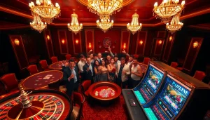 Players celebrating big wins at bk8th casino with vibrant slot machines and roulette tables.