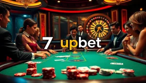 Players enjoying high-stakes poker at a luxurious 7upbet casino table, complete with chips and cards.