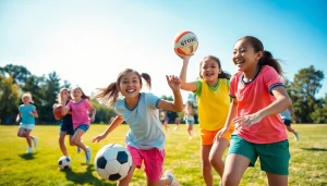 Young athletes engaging in fun activities at Multi Sports Camps for Girls, showcasing teamwork and energy.