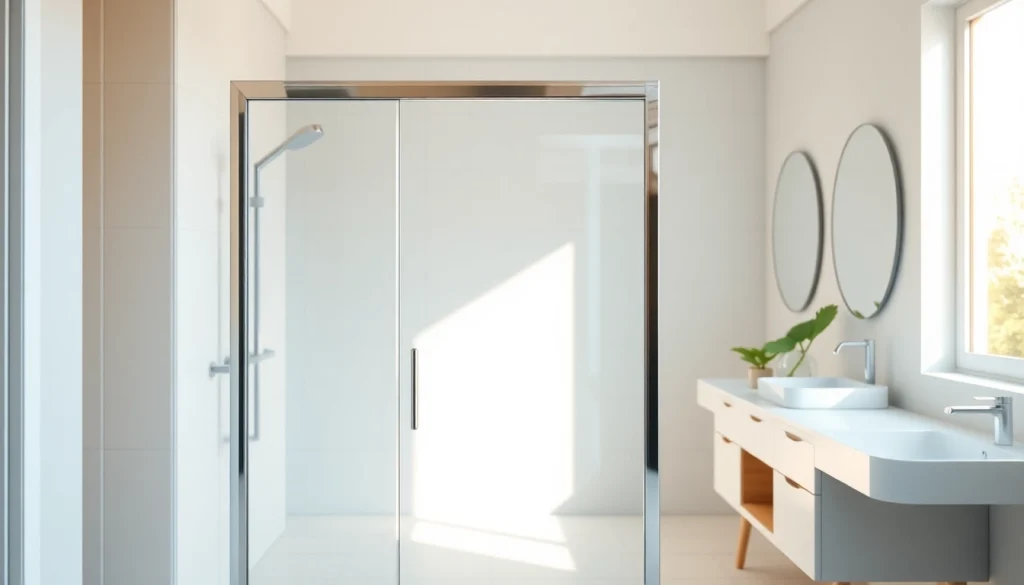 Showcase of a stylish shower screen door in a modern bathroom setting, highlighting seamless design and elegance.