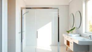 Showcase of a stylish shower screen door in a modern bathroom setting, highlighting seamless design and elegance.