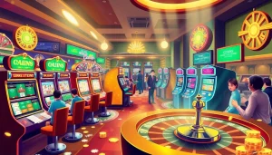 Rasakan sensasi slot deposit pulsa tanpa potongan di lantai kasino yang hidup dengan pemain yang menang dan suasana meriah.