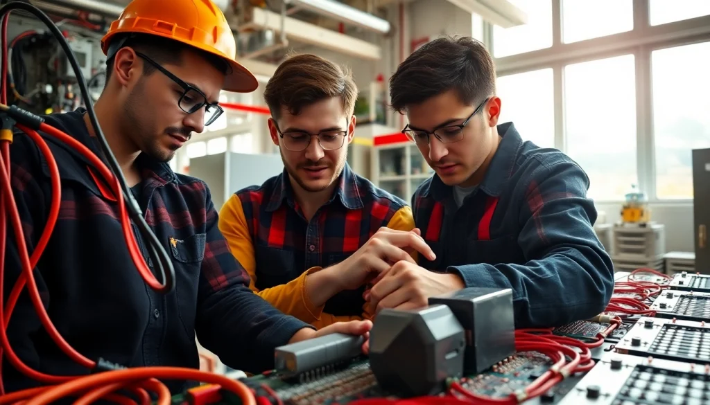 Hands-on learning at electrician trade school Colorado showcasing students engaging with tools.