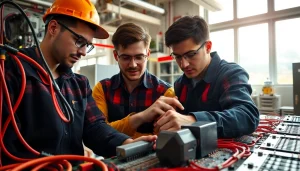 Hands-on learning at electrician trade school Colorado showcasing students engaging with tools.